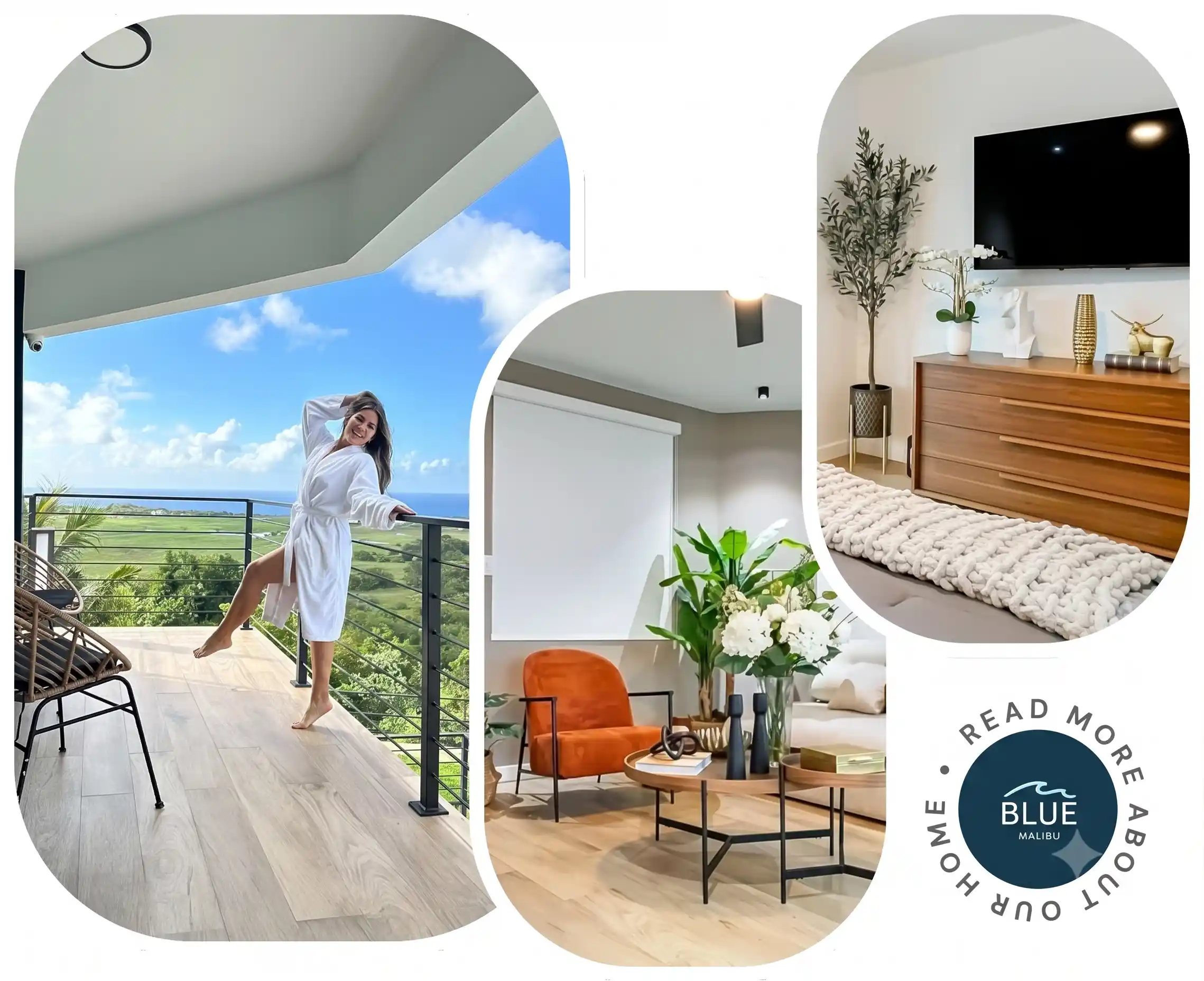 Blue Malibu PR luxury vacation rental in Puerto Rico featuring a private balcony, elegant living room and modern bedroom